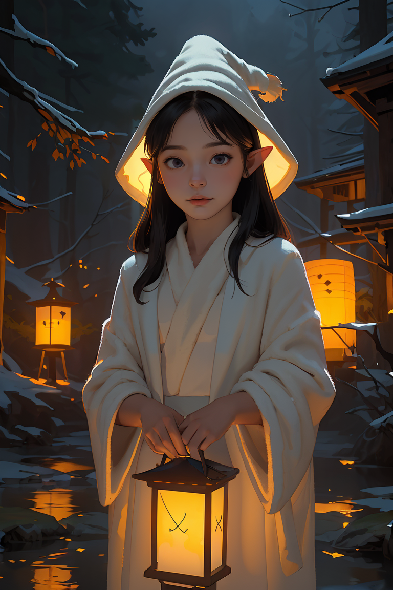 (best quality, masterpiece), 1girl, elf, robe, wizard hat, deep forest, ruined temple, lantern, night, mist